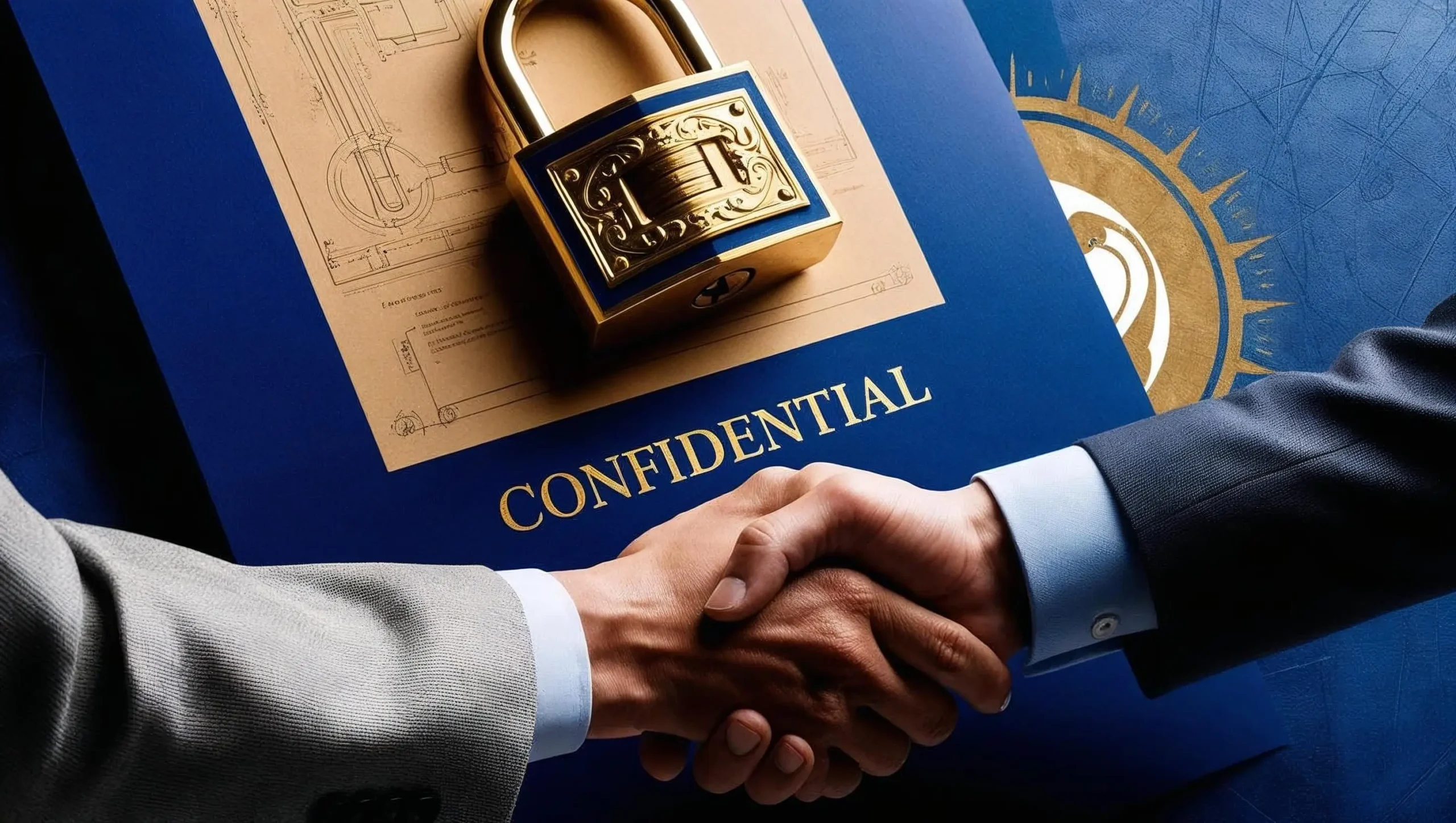 Non-disclosure agreement document protecting invention blueprints with security padlock