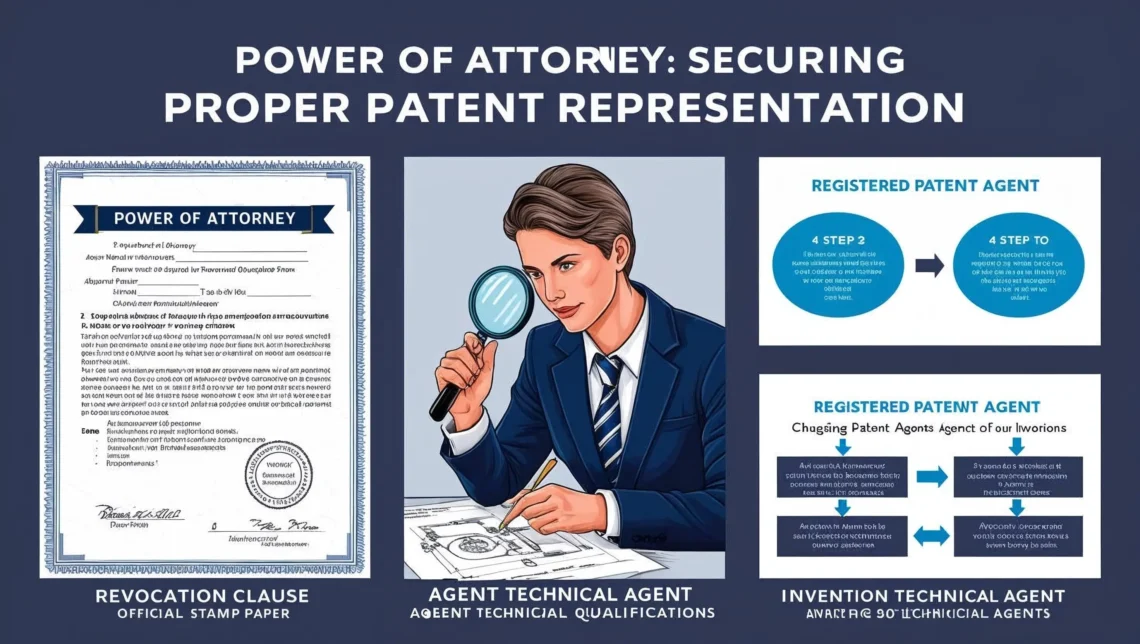 "Power of Attorney document for patent applications showing key elements and process for changing representation from one registered patent agent to another"