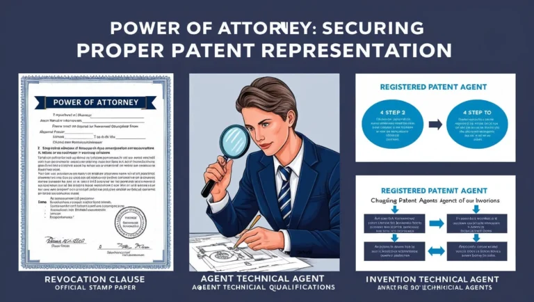 "Power of Attorney document for patent applications showing key elements and process for changing representation from one registered patent agent to another"