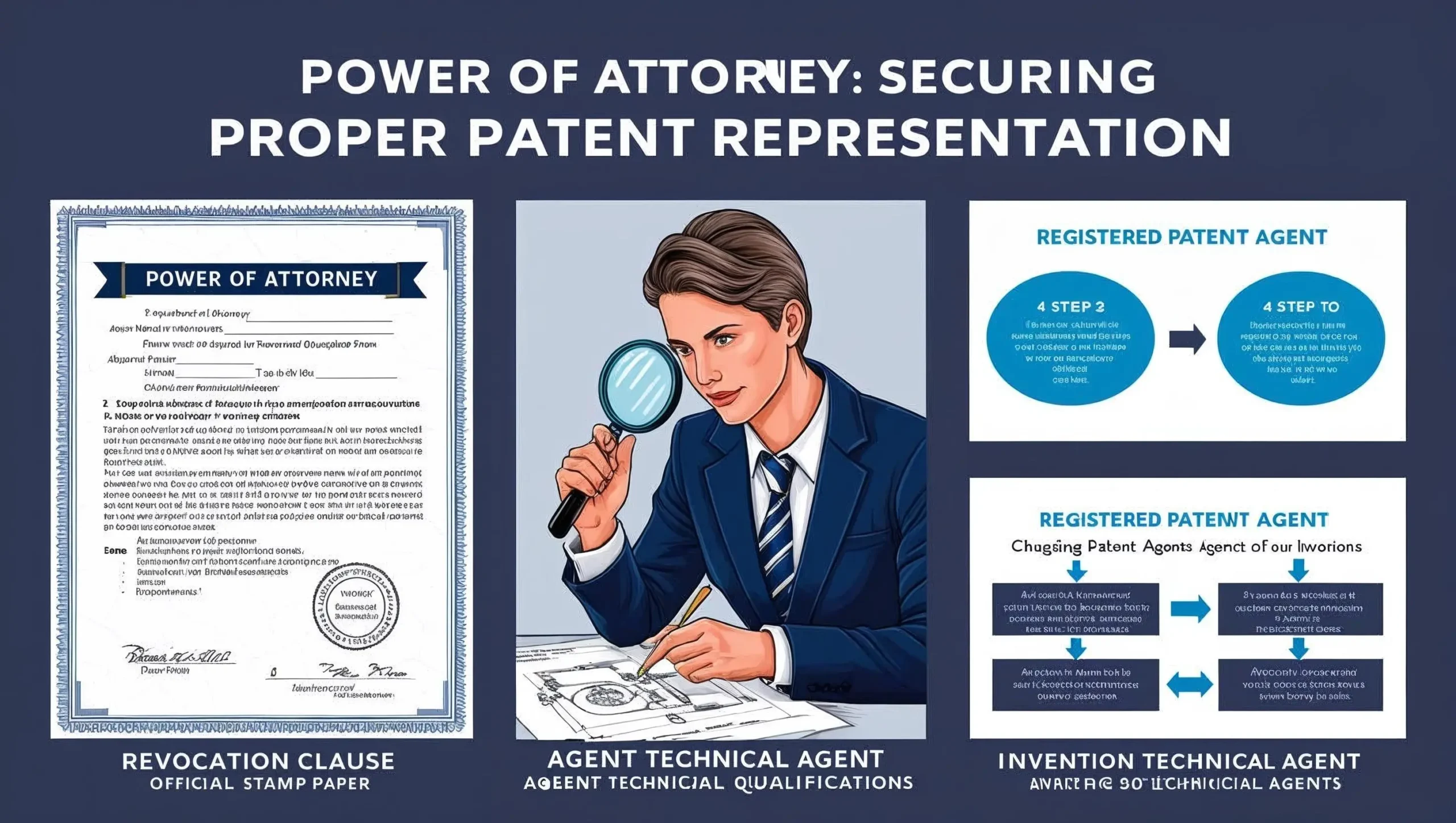 "Power of Attorney document for patent applications showing key elements and process for changing representation from one registered patent agent to another"