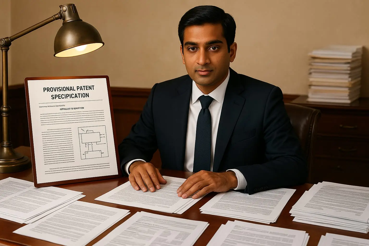 "Provisional patent specification document showing proper format, detailed description section, and technical drawings needed to secure patent pending status and establish an early priority date"