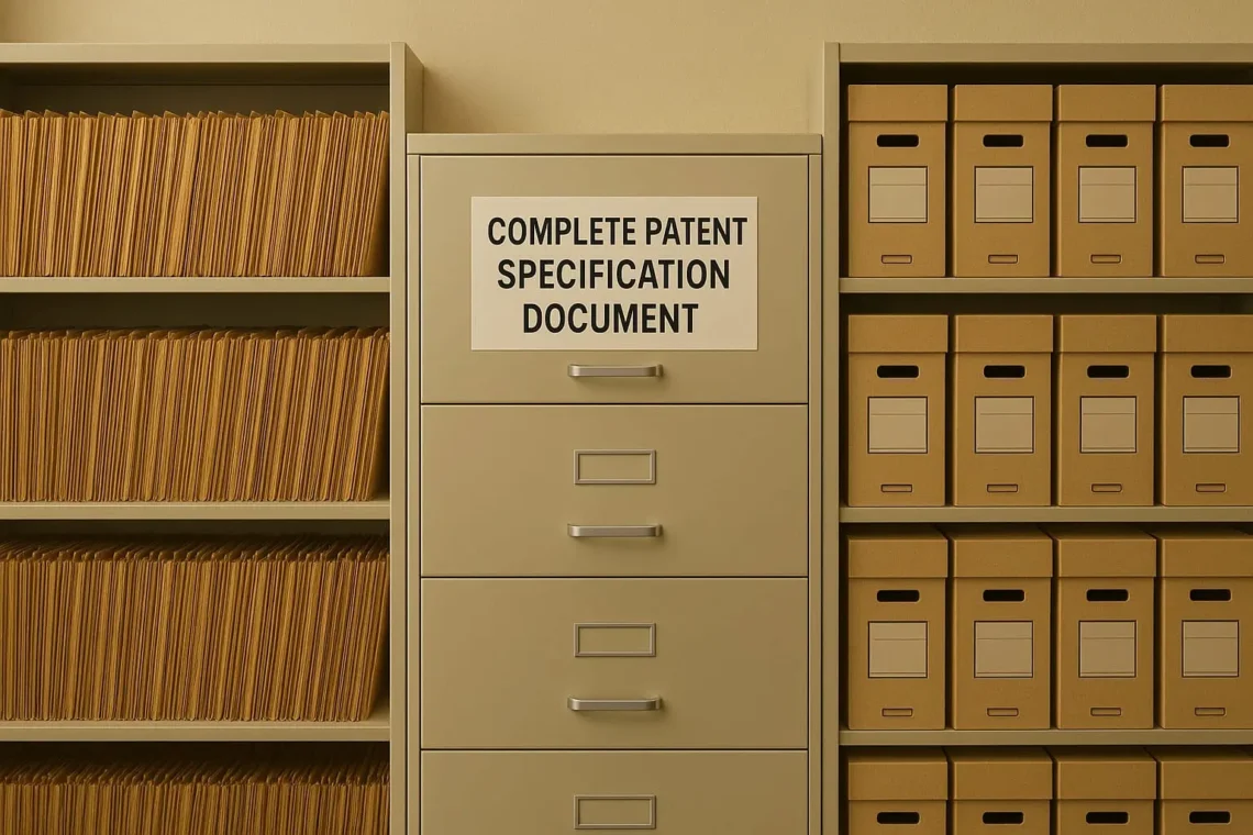 "Complete patent specification document showing key sections including claims, detailed description, and technical drawings with proper formatting for non-provisional patent applications"